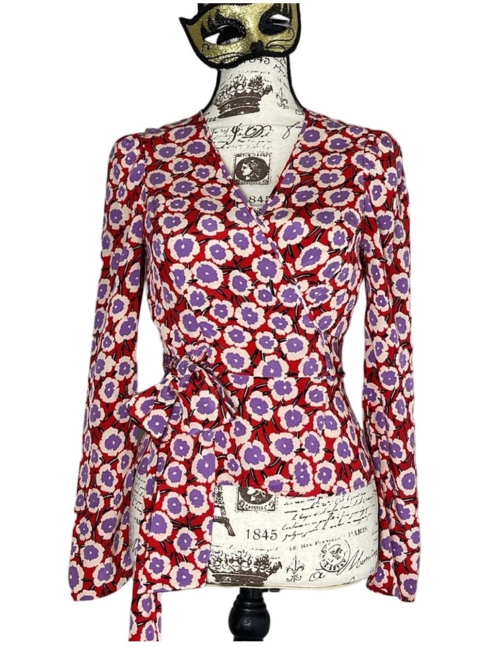 Diane Von Furstenberg Alexia Floral Print Silk Crepe De Chine Wrap Top Size 2